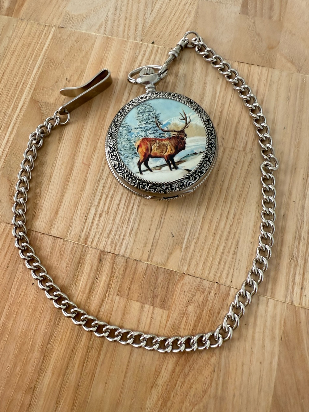 Remington hunter inspired silver tone Stag design pocket watch NEW BATTERY